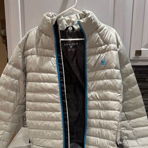 Spyder Light Gray Puffer Jacket with Blue Trim